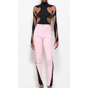 NWT Mugler Rodeo Illusion Inset High Neck Bodysuit Black/Nude 42